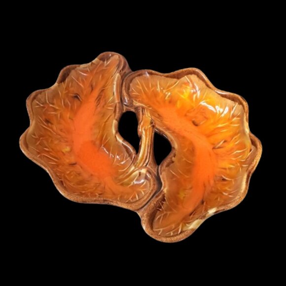 Vtg Cal Original 2891 Pottery Orange 2 Leaf Attach Holder Divided Dish Bowl 70s - Picture 1 of 5